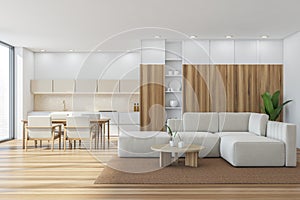 Panoramic kitchen with sofa, beige