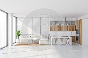 Panoramic kitchen space with sofa and bar stools, white