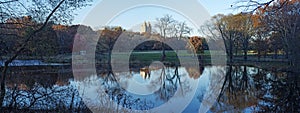 Panoramic lake with reflections, Central Park Autumn, New York