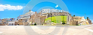 Panoramic landscape with ancient fortress and residential houses in Medina. Tangier, Morocco