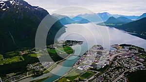Panoramic landscape Andalsnes city located on shores of Romsdalsfjord Romsdal Fjord between the picturesque mountains. Norway.