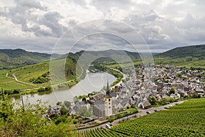 Panoramic landscape with autumn vineyards. Mosel, Germany