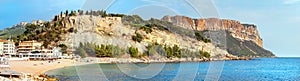 Panoramic landscape with beach and cliffs of Cassis resort town. Southern France, Provence