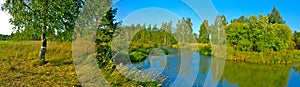 Panoramic landscape with birch tree and river