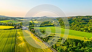 Panoramic landscape of Bohemian Paradise with Trosky castle ruins