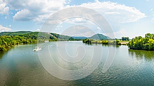 Panoramic landscape, Danube River and Walhalla memorial on the hill, tourism and famous places, Donaustauf, Germany, banner 16x9 f