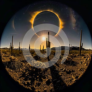 A panoramic landscape of a desert during a ring of fire eclipse