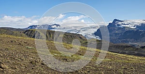 Panoramic landscape with eyjafjallajokull glacier tongue, Markarfljot river and green hills. Fjallabak Nature Reserve