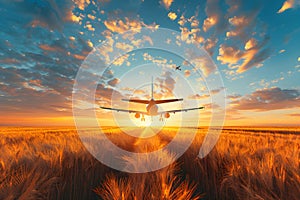 Panoramic landscape with fields and plane flying in clouds. Spring and summer meadow on sunset with airplane on sky