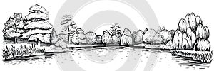 Panoramic landscape with forest and lake, vector hand drawn illustration.