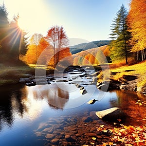 Panoramic Landscape with Forest Stream on a Sunny Fall Day