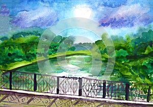 Panoramic landscape of green trees, blue sky and bridge over river. Sunny day. Hand drawn watercolor sketch. Summer or spring.