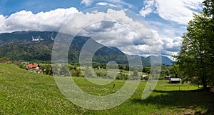 Panoramic landscape of green valeys and blue skies in the mountains of Triglav National Park photo