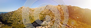 Panoramic landscape. Hairpin turn road between rocky mountains. Way to Sa Calobra beach, Mallorca, Balearic Islands