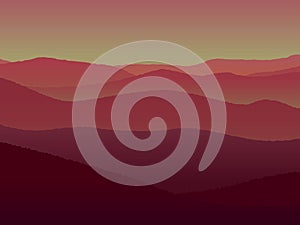 Panoramic landscape with hills during sunset. Vector illustration.