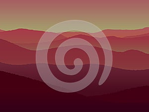 Panoramic landscape with hills during sunset. Vector illustration. photo