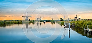 Panoramic landscape with historic windmills, Kinderdijk, the Netherlands.