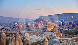 Panoramic landscape hot air balloons in Cappadocia, Turkey
