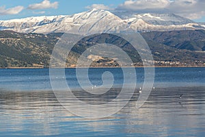 Panoramic Landscape of Lake Pamvotida and Pindus mountain from city of Ioannina, Epirus, Greece