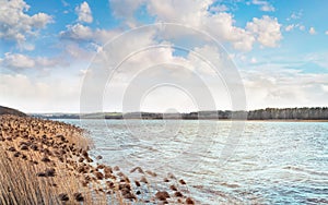 Panoramic landscape with lake shore and cloudy sky  in spring