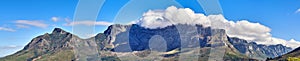 Panoramic landscape of the majestic Table Mountain and Lions Head in Cape Town, Western Cape. A cloudscape sky with copy