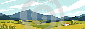Panoramic landscape with meadows and mountains. House in rural area vector illustration. Scenic outdoor nature view with