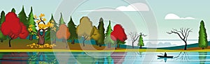 Panoramic landscape mountain lake, autumn bright forest - Vector