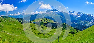 Panoramic landscape of mountains of Alps in summer with gondola lift in Portes du Soleil, Switzerland