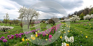 Panoramic landscape with multicolor spring flowers