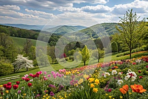 Panoramic landscape with multicolor spring flowers