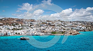 Panoramic landscape of Mykonos Island, Greece.