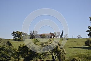 Panoramic or landscape of nature with old house on farm in Brazil, South America