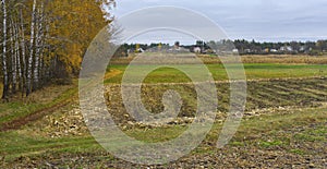 Panoramic landscape near rural village Byshkin`, Sumskaya oblast, Ukraine