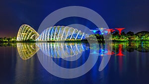 Panoramic landscape night scenery of garden by the bay in Singapore