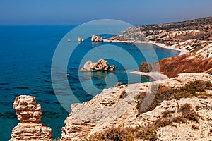 Panoramic landscape Petra tou Romiou (The rock of the Greek), Aphrodite& 39;s legendary birthplace in Paphos, Cyprus island, photo