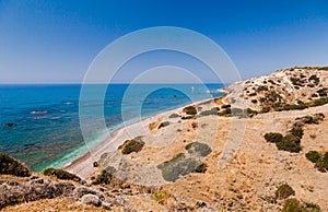 Panoramic landscape Petra tou Romiou (The rock of the Greek), Aphrodite& 39;s legendary birthplace in Paphos, Cyprus island, photo