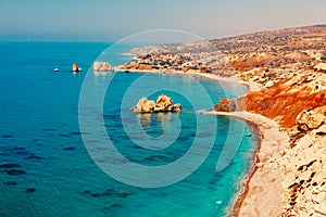 Panoramic landscape Petra tou Romiou (The rock of the Greek), Aphrodite's legendary birthplace in Paphos, Cyprus island, photo