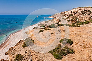 Panoramic landscape Petra tou Romiou (The rock of the Greek), Aphrodite& 39;s legendary birthplace in Paphos, Cyprus island, photo