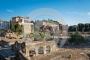 Panoramic landscape of the ruins of the Imperial Forums in Rome. Italy