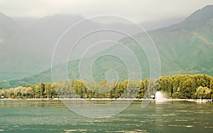 Panoramic Landscape scenery heavenly pristine beauty of world famous Dal Lake, Srinagar, Jammu and Kashmir, India. The Great