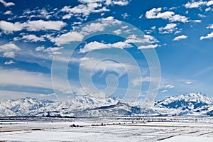 Panoramic landscape. Snow mountains