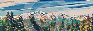 Panoramic landscape with snowy mountains above an evergreen forest in Lake Tahoe California with colorful watercolor painting