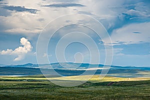 Panoramic landscape with steppe covered with green and yellow grass under blue sky with heavy clouds.