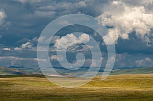 Panoramic landscape with steppe covered with green and yellow grass under blue sky with heavy clouds.