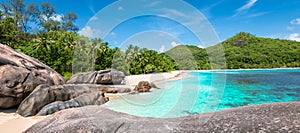 Panoramic landscape with stunning beach in the Seychelles.