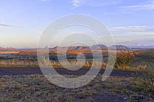 Panoramic landscape at sunset of the Chihuahuan desert and the Davis Mountains in Fort Davis, Texas.