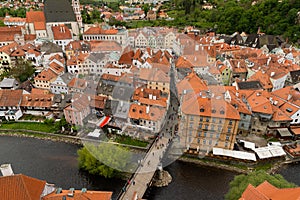 Panoramic landscape view above from aerial of the historic city of Cesky Krumlov with famous Cesky Krumlov Castle, Church city is