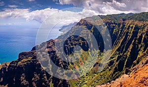 Panoramic landscape view of dramatic Na Pali coastline, Kauai