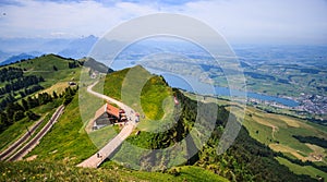 Panoramic Landscape View of Lake Lucerne and mountain ranges from Rigi Kulm viewpoint, Lucerne, Switzerland, Europe