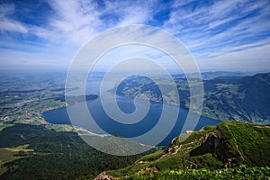 Panoramic Landscape View of Lake Lucerne and mountain ranges from Rigi Kulm viewpoint, Lucerne, Switzerland, Europe